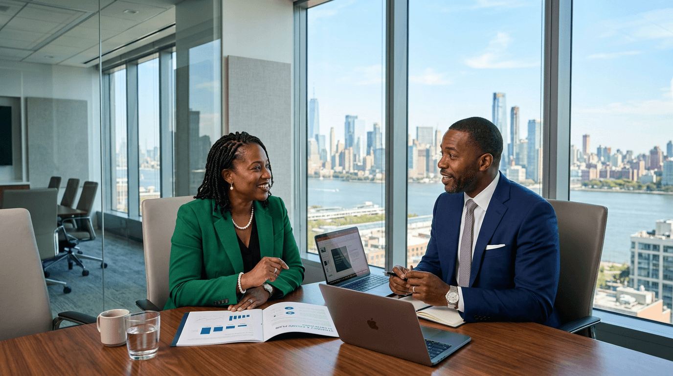 Two executives in a boardroom consultation with a city skyline view
