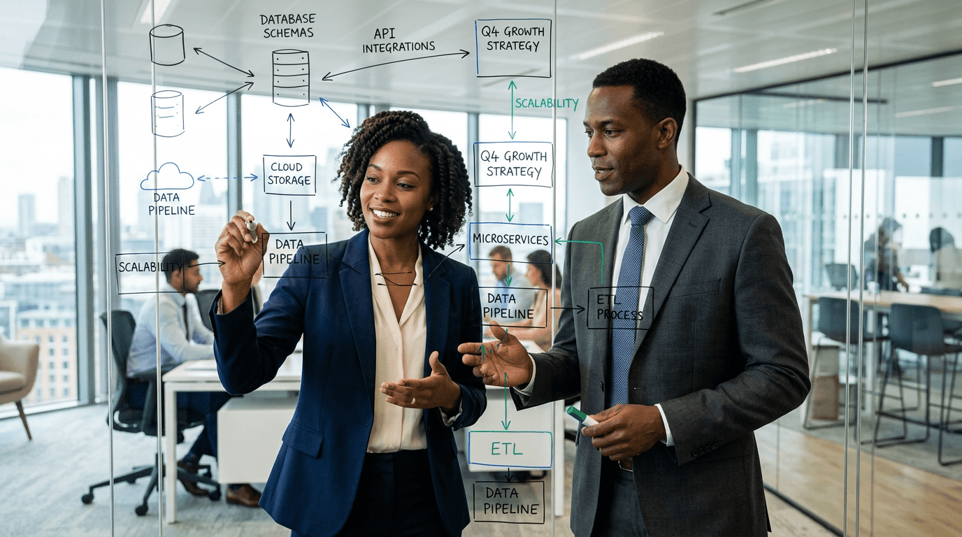 Professionals mapping system architecture on a glass whiteboard