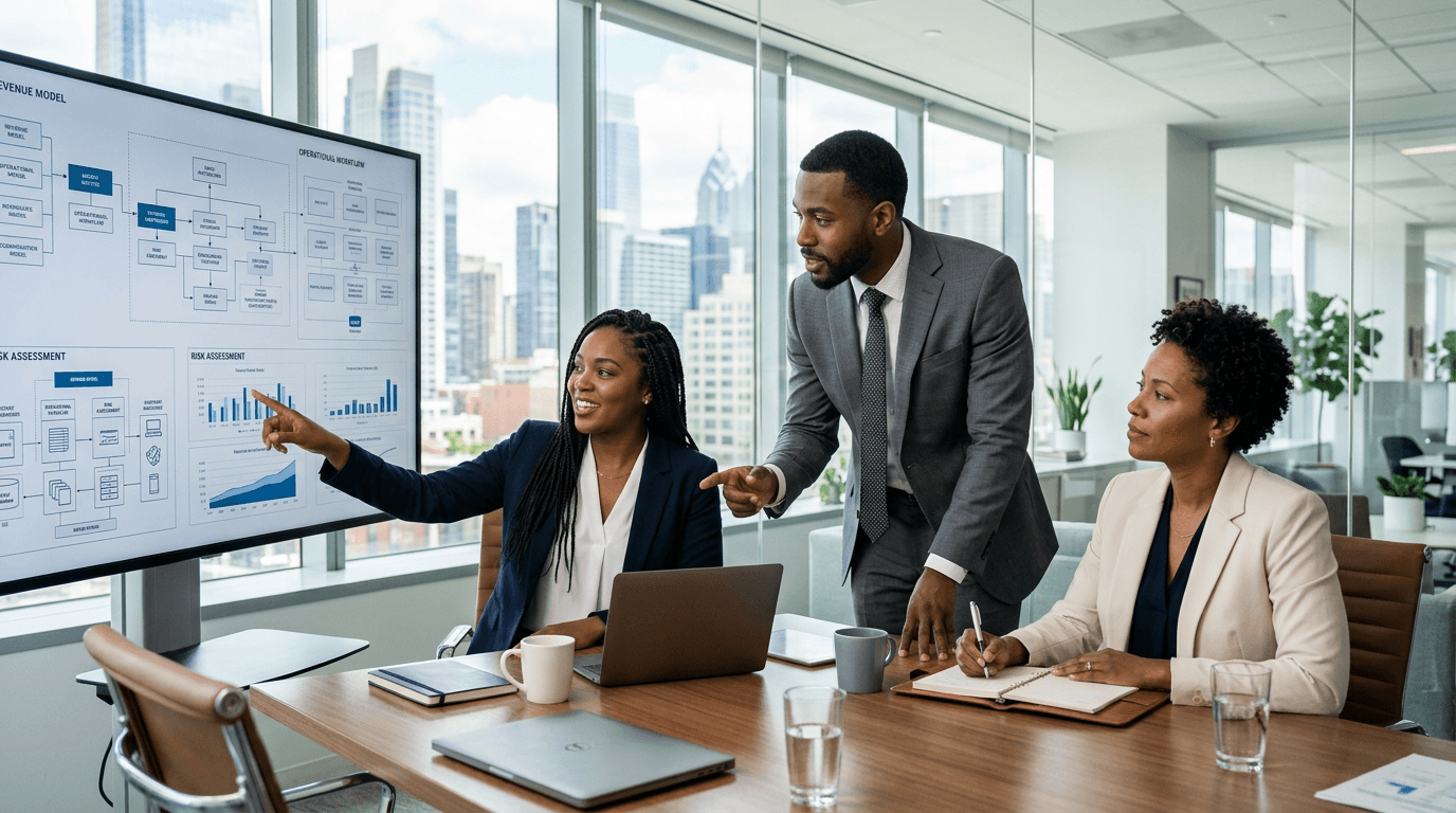 Reference example of ORQAI photography: a financial team working in natural light